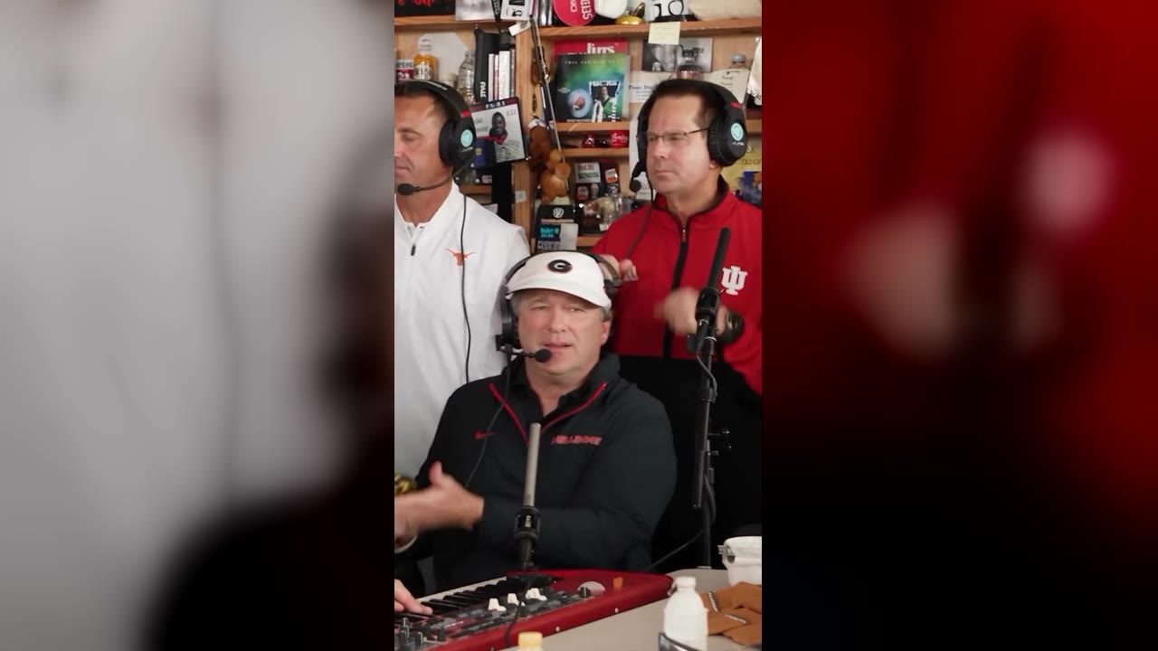 The Outstanding Tiny Desk clip: a band in headphones behind a desk with a red keyboard