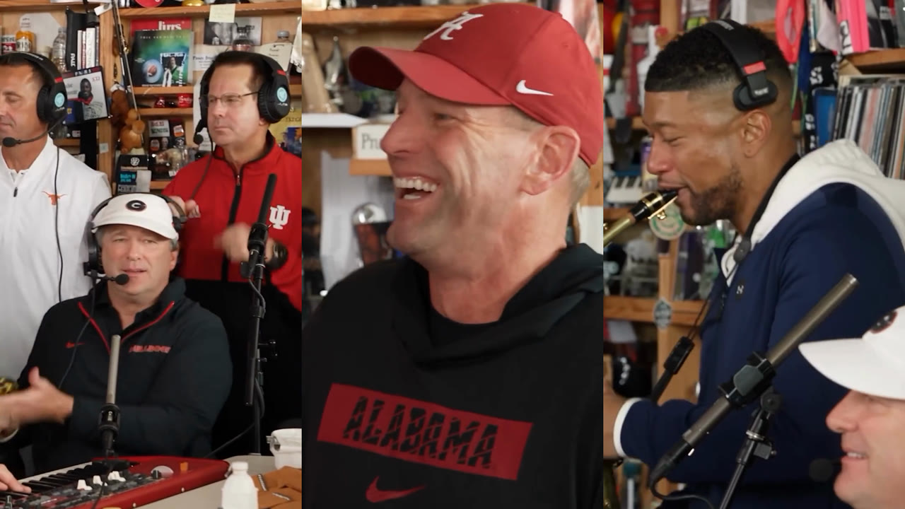 Tiny Desk AI: the desk trio, the laughing close-up and the sax solo from the Outstanding Tiny Desk meme