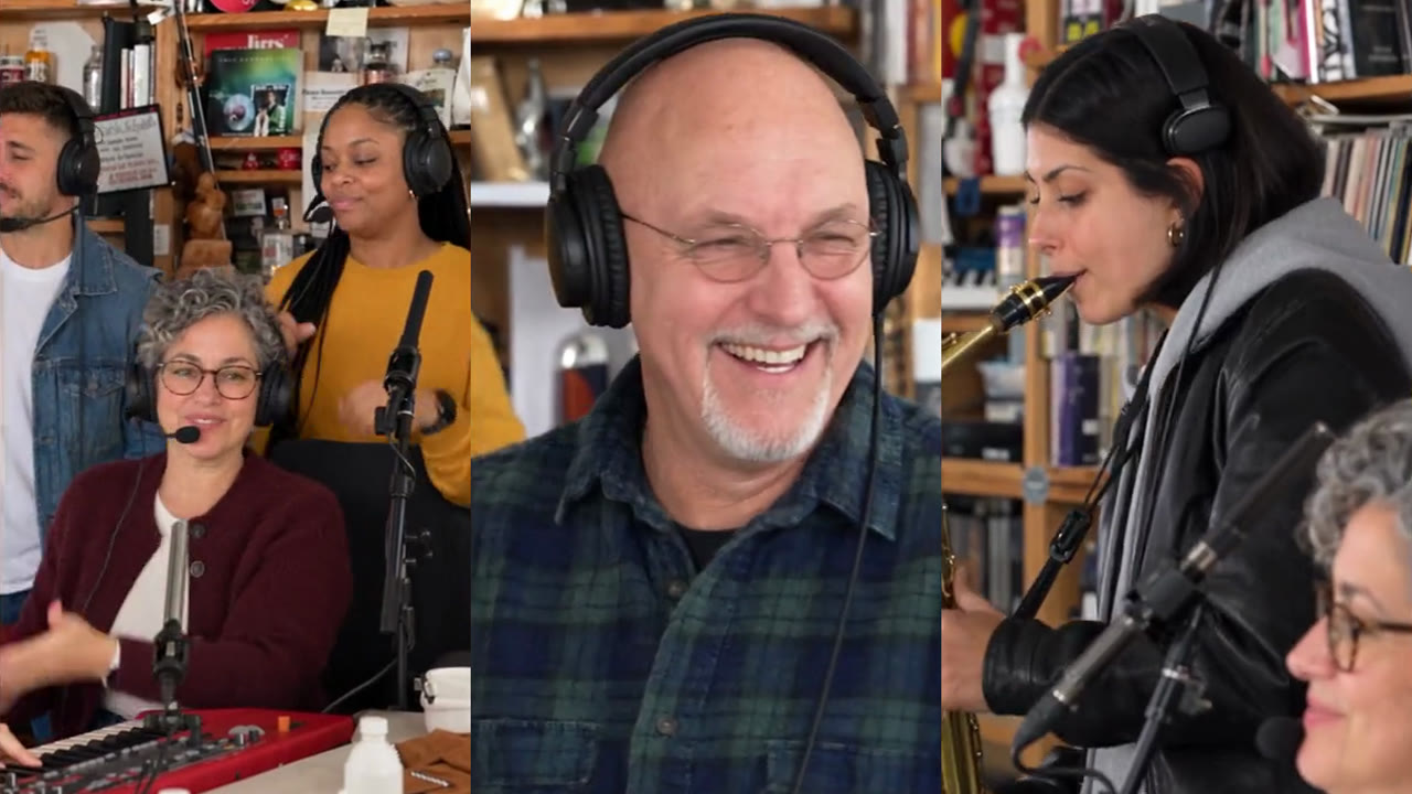 The Outstanding Tiny Desk AI template: the desk trio, the laughing close-up and the sax player